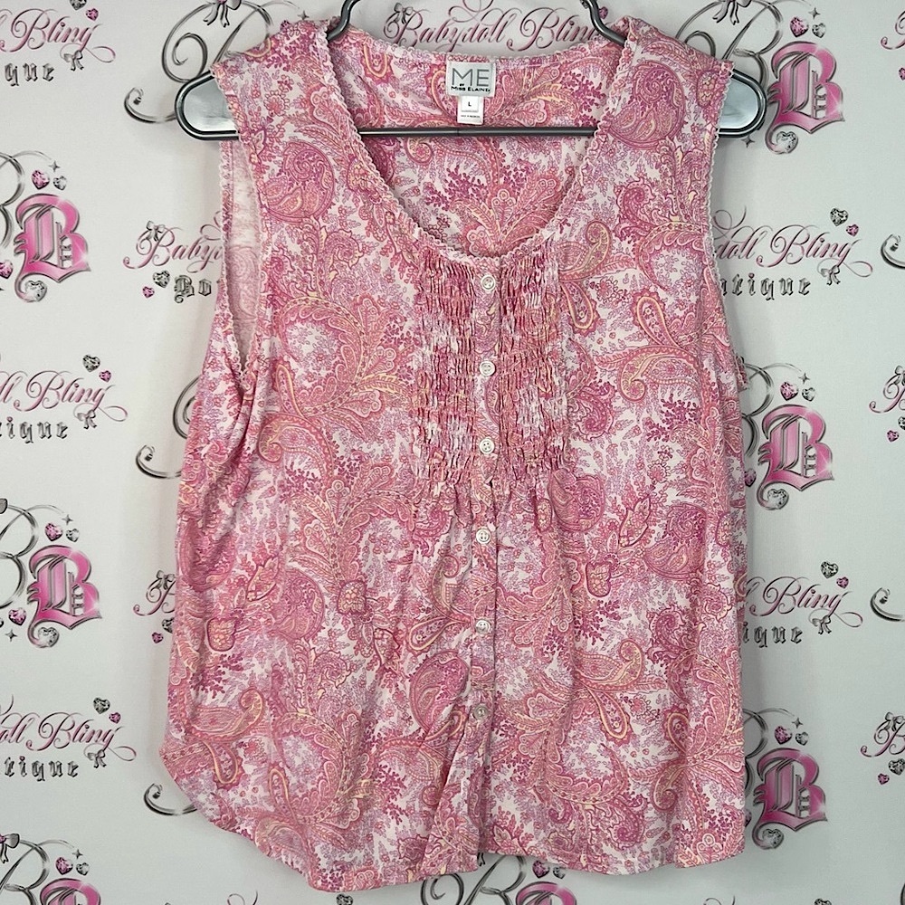 Miss Elaine ME tank top buttons smocked detail boho Pink Paisley Blouse